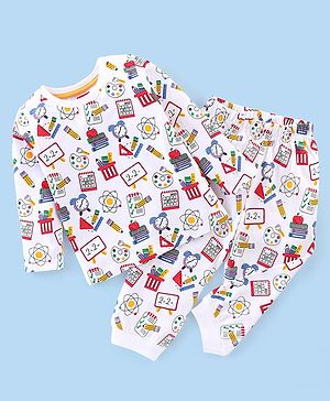 Babyhug Cotton Knit Full Sleeves Night Suit Stationery Print - White
