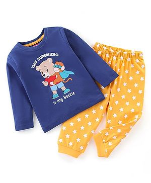 Babyhug Cotton Knit Full Sleeves Night Suit Teddy Print - Navy Blue & Yellow