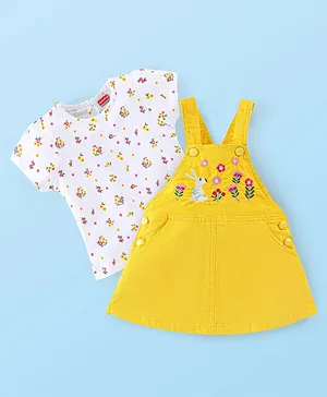 Babyhug 100% Cotton Knit Frock With Half Sleeves Inner Tee Floral Print & Embroidered - Yellow & White