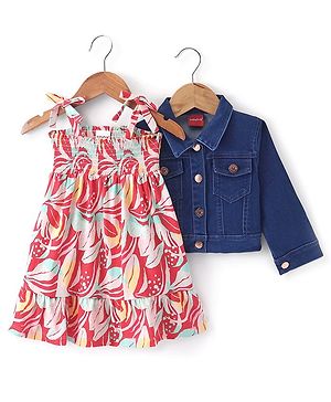 Babyhug Cotton Spandex Knit Floral Printed Singlet Frock with Full Sleeves Denim Jacket - Blue & Pink