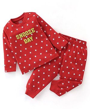 Babyhug Single Jersey Cotton Knit Full Sleeves Night Suit with Text & Stars Print - Red
