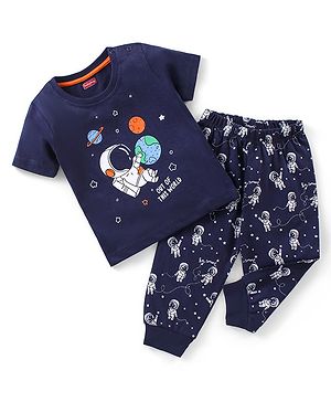 Babyhug Cotton Knit Half Sleeves Astronaut Printed Night Suit - Navy Blue