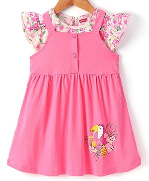Babyhug Cotton Knit Floral Printed Frock with Short Sleeves Tee - Pink
