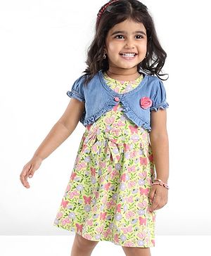 Babyhug 100% Cotton Knit Frock With Half Sleeves Denim Jacket Floral Print - Green & Blue