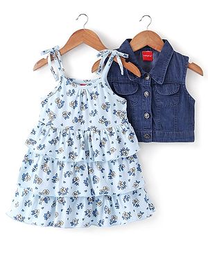 Babyhug Cotton Knit Floral Printed Layered Frock with Sleeveless Denim Jacket - Blue
