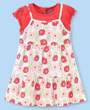 Babyhug 100% Cotton Knit Sleeveless Frock With Half Sleeves Inner Tee & Floral Print - Coral & White