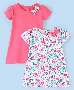 Babyhug 100% Cotton Knitted Half Sleeves Frock With Bow Applique Floral Print Pack Of 2- White & Pink