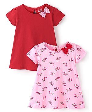 Babyhug 100% Cotton Knitted Half Sleeves Frock With Bow Applique Floral Print Pack Of 2- Red & Pink