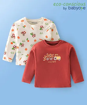 Babyoye 100% Cotton Knit with Eco-Jiva Finish Full Sleeves T-Shirt Construction Vehicle Print Pack of 2 - Red & White