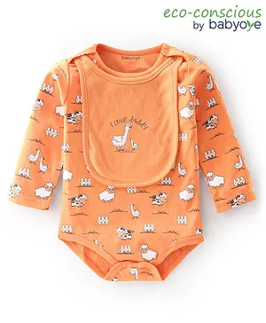 Babyoye 100% Cotton with Eco Jiva Finish Full Sleeves Onesie with Bib & Duck Print - Orange