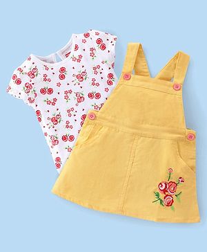 Babyhug 100% Cotton Knit Corduroy Frock With Half Sleeves Inner Tee Floral Print & Embroidery - Yellow