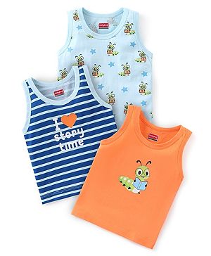 Babyhug Single Jersey Sleeveless Sando Stripes & Caterpillar Print Pack of 3 - Orange & Blue