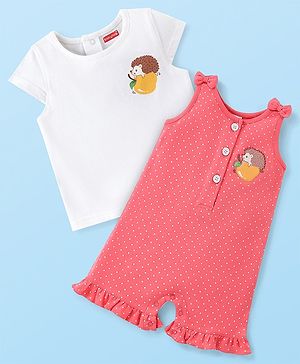 Babyhug Single Jersey Knit Dungaree Set With Porcupine Printed Half Sleeves Tee - White & Pink