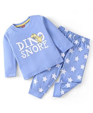 Babyhug Cotton Full Sleeves Night Suit Dino & Stars Print- Blue
