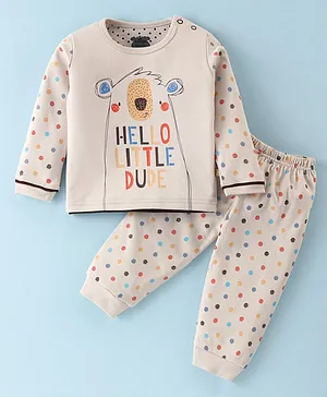 Mini Taurus Cotton Knit Full Sleeves Night Suit Polar Bear Print - Light Beige