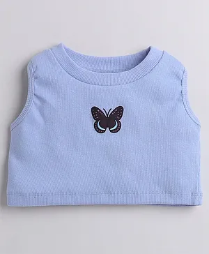Aww Hunnie Sleeveless Butterfly Printed Ribbed Crop Top - Blue