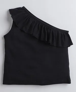 Aww Hunnie Sleeveless Solid Frill Neckline Detailed Ribbed One Shoulder Top -Black