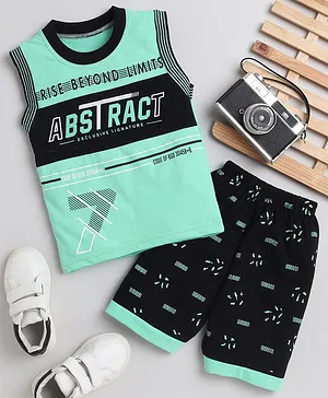 Fourfolds Sleeveless Abstract Exclusive Signature Printed Tee With Swirl Printed Shorts - Sea Green