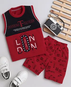Fourfolds Sleeveless London Printed Colour Blocked Tee With Nyc Shorts - Red