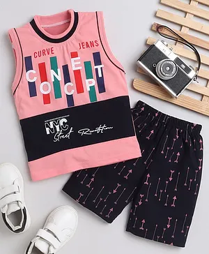 Fourfolds Sleeveless Concept Printed Tee With Arrow Printed Shorts - Pink