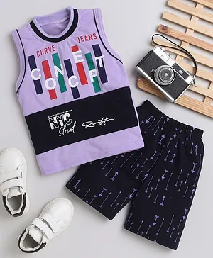 Fourfolds Sleeveless Concept Printed Tee With Arrow Printed Shorts - Purple