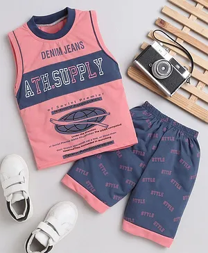Fourfolds Sleeveless Authentic Supply Colour Blocked Tee With Style Printed Shorts - Pink