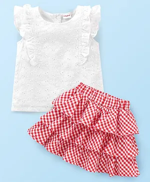 Babyhug 100% Cotton Sleeveless Schiffili Top & Checked Skirt Set- White & Red