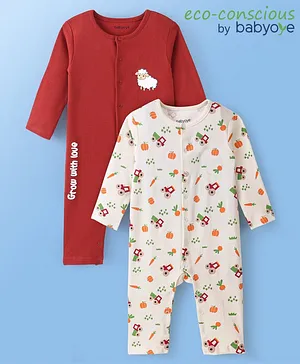 Babyoye 100% Cotton With Eco Jiva Finish Full Sleeves Rompers with Front Opening and All Over Carrot Printed Pack of 2 - White & Red