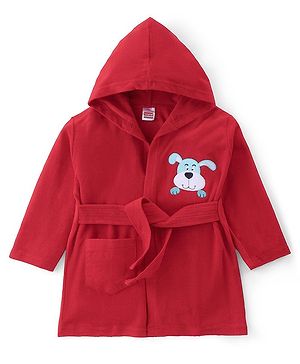Babyhug Terry Full Sleeves Hooded Bath Robe With Dog Patch- Red