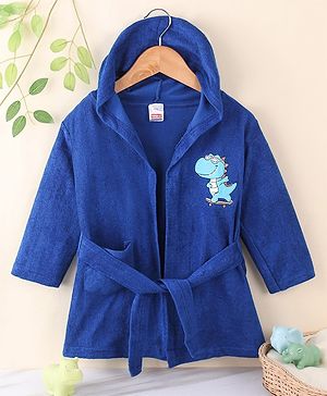 Babyhug Terry Knit Full Sleeves Hooded Bath Robe With Dino Patch - Navy Blue