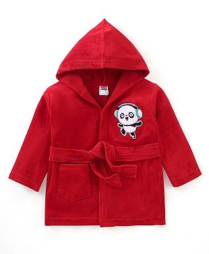 Babyhug Terry Full Sleeves Hooded Bath Robe With Panda Patch- Red