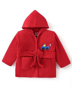 Babyhug Terry Full Sleeves Hooded Bath Robe Car Print- Red