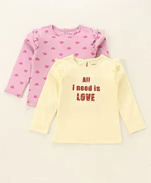 Babyoye Eco Conscious 100% Cotton Heart Print Full Sleeves T-Shirts Pack of 2 - Pink & Yellow