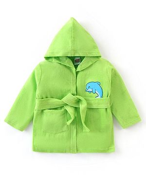 Babyhug Terry Full Sleeves Hooded Bath Robe Dolphin Print- Green