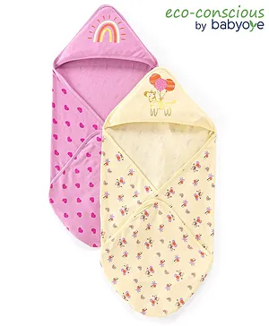Babyoye Eco Conscious 100% Cotton Bath Towel All Over Heart Print L 83 x B 80 cm Pack of 2 - Pink & Light Yellow