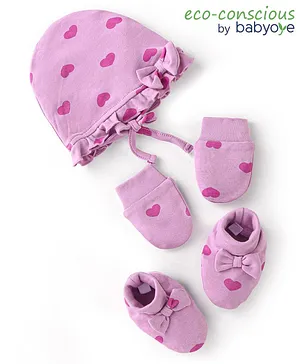 Babyoye Eco Conscious 100% Cotton Cap Mittens & Booties With Heart Print Lilac - Diameter 10 cm