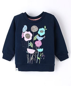 OLLYPOP Cotton Looper Knit Full Sleeves Sweatshirt Floral Print - Blue