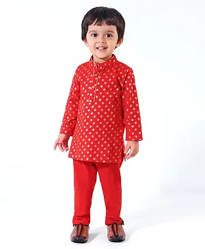 Earthy Touch 100% Cotton Knit Full Sleeves Kurta & Pajama Set Floral Print - Orange