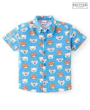 Babyhug 100% Cotton Knit Half Sleeves Shirt Bear Print - Blue