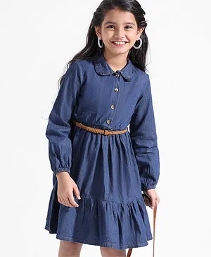 Hola Bonita 100% Cotton Tiered Full Sleeves Denim Dress Solid Colour - Blue
