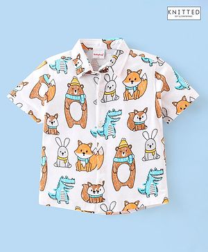 Babyhug 100% Cotton Knit Half Sleeves Animal Print Shirt - White
