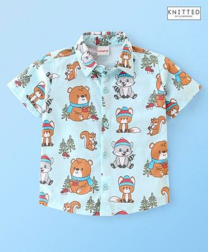 Babyhug 100% Cotton Knit Half Sleeves Regular Shirt with Teddy Print - Blue