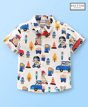 Babyhug 100% Cotton Knit Half Sleeves Vehicle Print Shirt - OffWhite