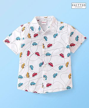 Babyhug 100% Cotton Knit Half Sleeves Regular Shirt with Car Print - White