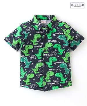 Babyhug 100% Cotton Knit Half Sleeves Shirt Dino Print - Navy Blue