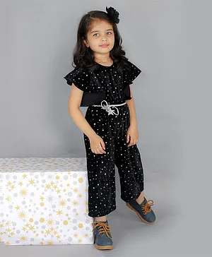 Lil Drama Flutter Half Sleeves Seamless Stars Printed Velvet Jumpsuit - Black