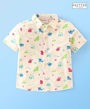 Babyhug 100% Cotton Knit Half Sleeves Regular Shirt with Heavy Vehicles Print - Light Pink
