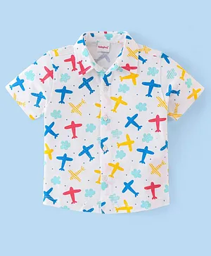 Babyhug 100% Cotton Knit Half Sleeves Shirt With Aeroplane Print - White