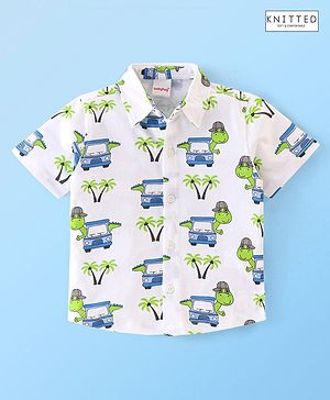 Babyhug 100% Cotton Knit Half Sleeves Regular Shirt with Car Print - White