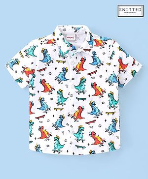 Babyhug 100% Knitted Collar Half Sleeves Shirt Dino Print- White